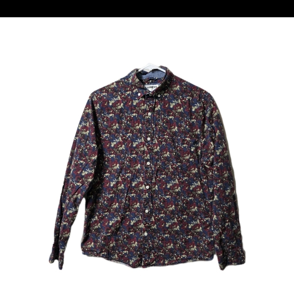 MENS EXPRESS NAVY FLORAL SLIM SOFT WASH LONG SLEEVE BUTTON DOWN SHIRT M